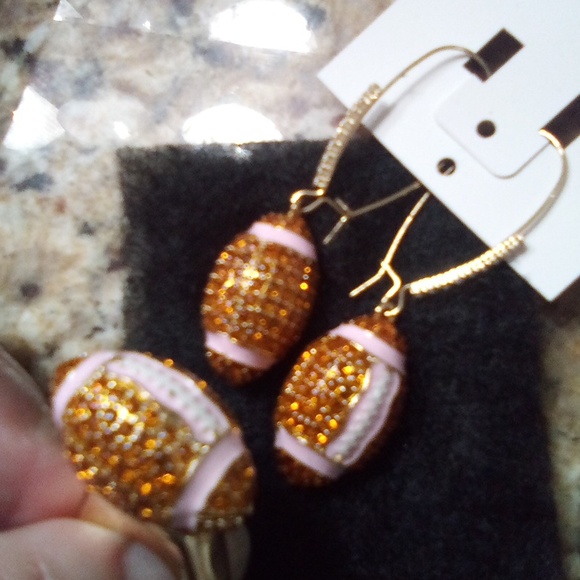 Bronze Football Rhinestone Earrings & Football Ring - Picture 1 of 3